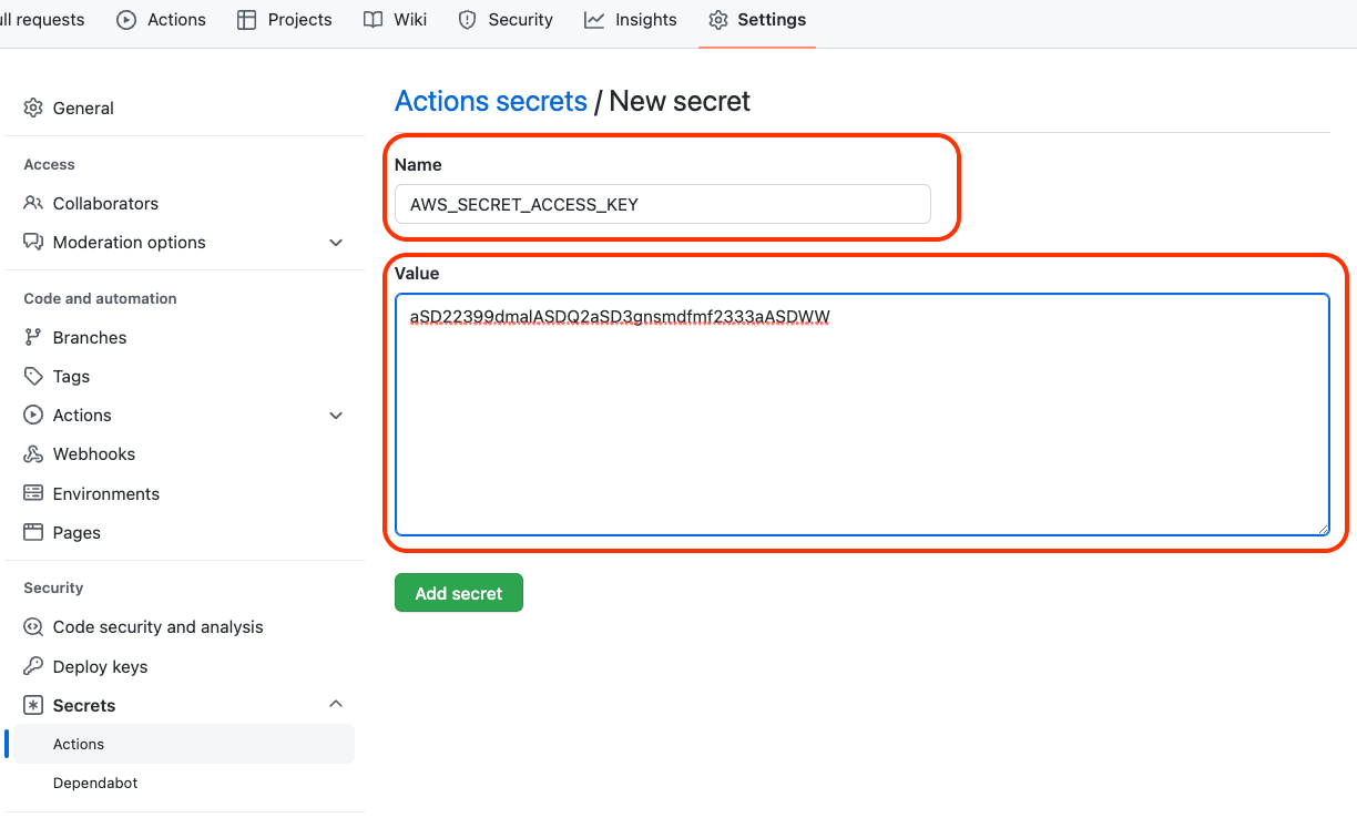 Actions secrets-액세스 키 ID-비밀 액세스 키